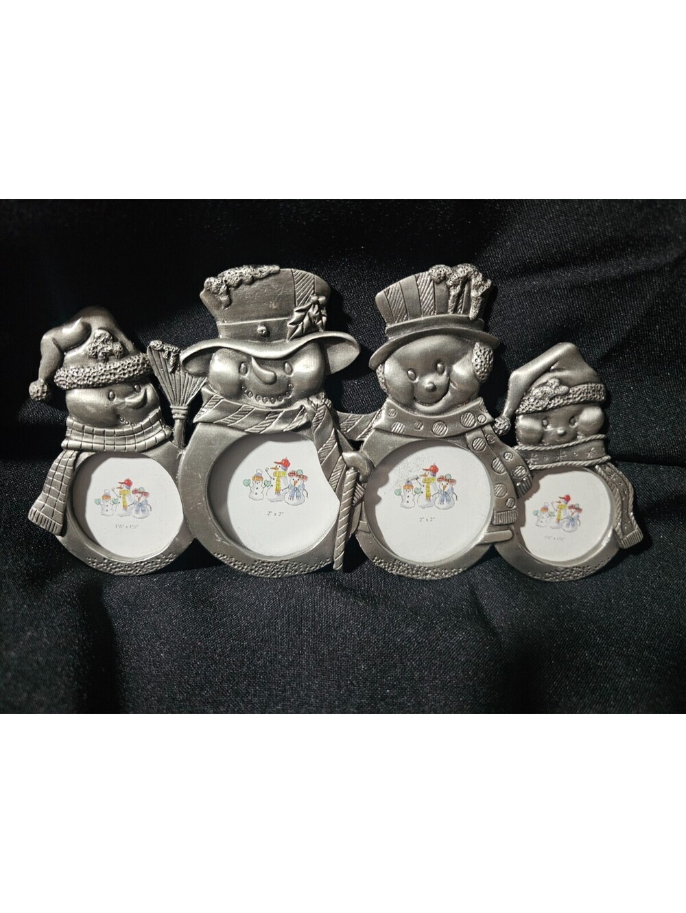 Vintage Metal 4 Photo Frame Snowman Family Free Standing Sliver Christmas Decor